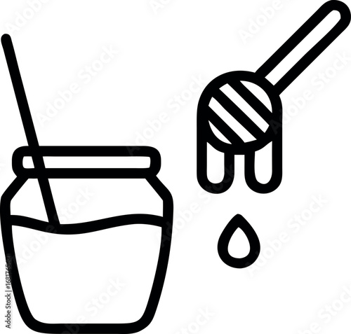 Honey jar with dipper linear icon. Thin line illustration. 
