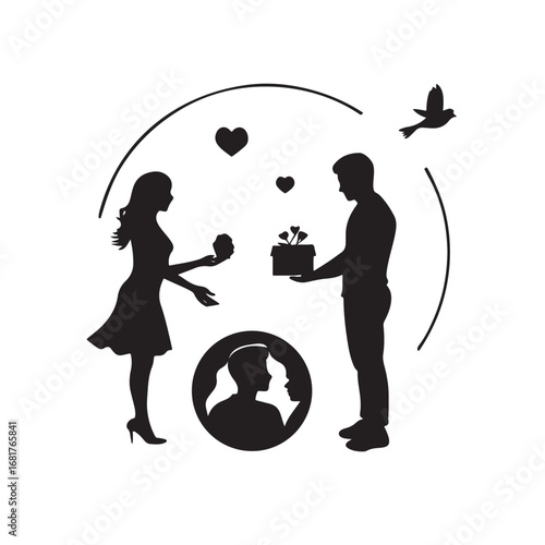 Romantic couple silhouette exchanging gifts with hearts and dove