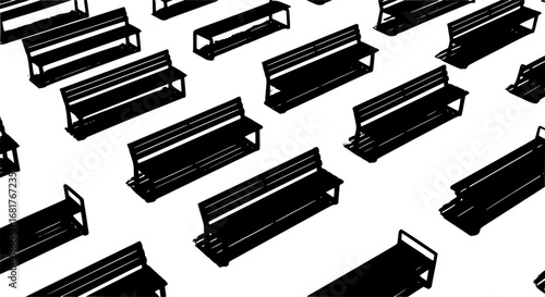 park benches, silhouettes, black and white, minimalist design, urban furniture, geometric shapes, outdoor seating, public spaces, simple lines, repetitive pattern, clean aesthetic, architectural