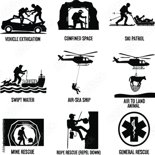 create need kinds of different Rescue operations pictograms like vehicle Extrication, confined space, ski patrol, swift water, Air to sea ship, Air to land animal, Mine, and Repel down rescue silhouet