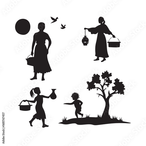 Silhouettes of people and a tree in a village scene