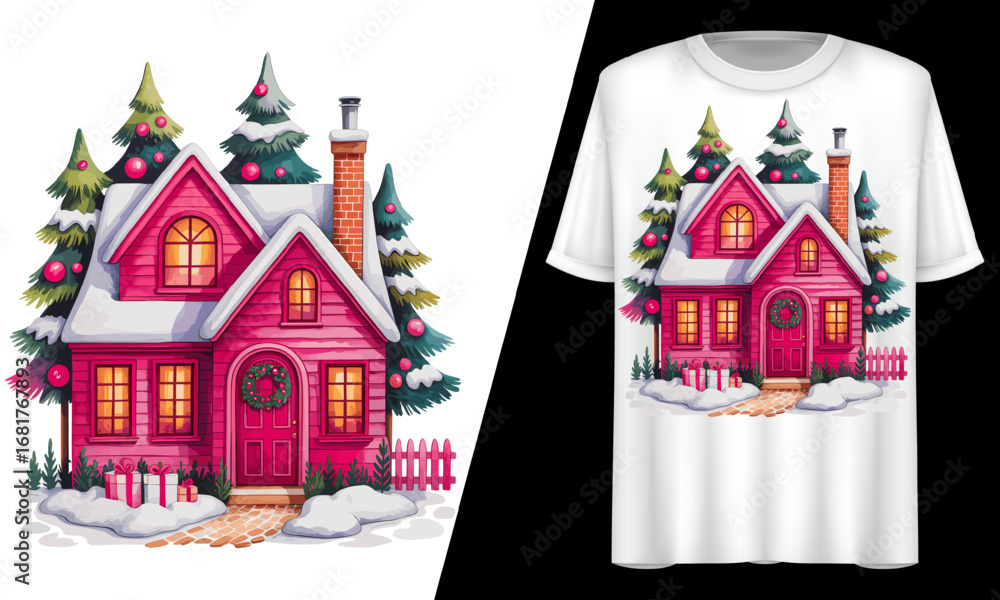 Naklejka premium Christmas Pink House, Snow Winter Tree, T-Shirt Design.