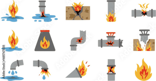 set ofCorrosion Effects Icons. Flat vector mini-illustrations Effects of corrosion in colors children's illustrations: leak puddle, pipe
