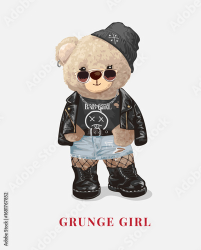 grunge girl slogan with bear doll in leather fashion style vector illustration - drawn by hand
