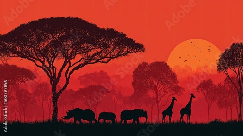 Silhouette African savanna at sunset