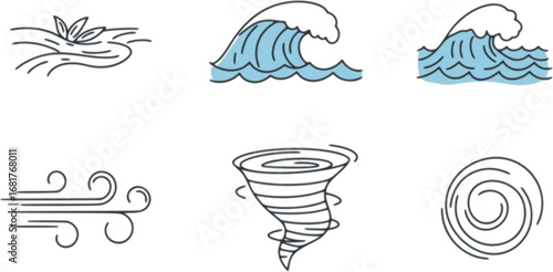 set of Nature Elements Icons. Outline icon set of wind and water movement: flowing river, ocean wave, blowing wind, tornado, swirling
