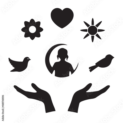 Symbolic elements of life and protection arranged around a child silhouette