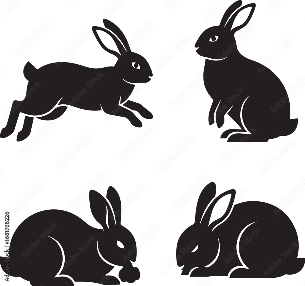 Fototapeta premium Four rabbit silhouettes in various poses perfect for spring easter or animal illustrations