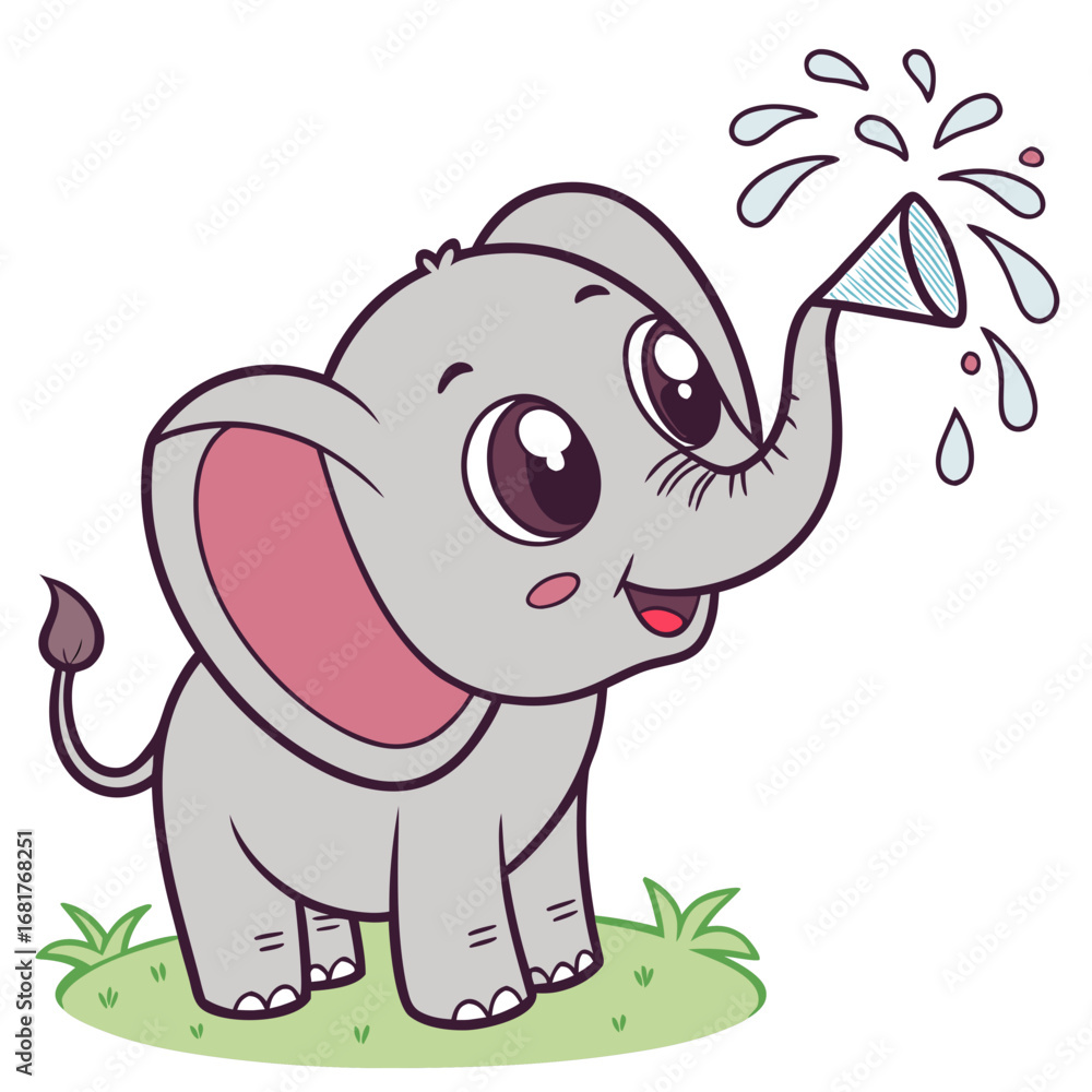 Obraz premium Baby elephant spraying water, kawaii outline, coloring illustration