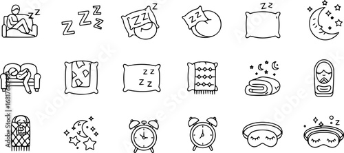 set of Napping Icons Set. Outline icon set of napping: couch, sleeping person, Zzz, pillow, blanket, moon, stars, alarm clock, sleep mask
