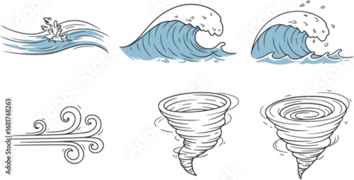 set of Nature Elements Icons. Outline icon set of wind and water movement: flowing river, ocean wave, blowing wind, tornado, swirling

