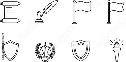 set of Oath Symbols Icon Set. Outline icon set of oath symbols: scroll, pen, seal, flag, scales of justice, shield, laurel wreath, torch,
