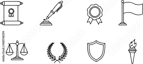 set of Oath Symbols Icon Set. Outline icon set of oath symbols: scroll, pen, seal, flag, scales of justice, shield, laurel wreath, torch,
