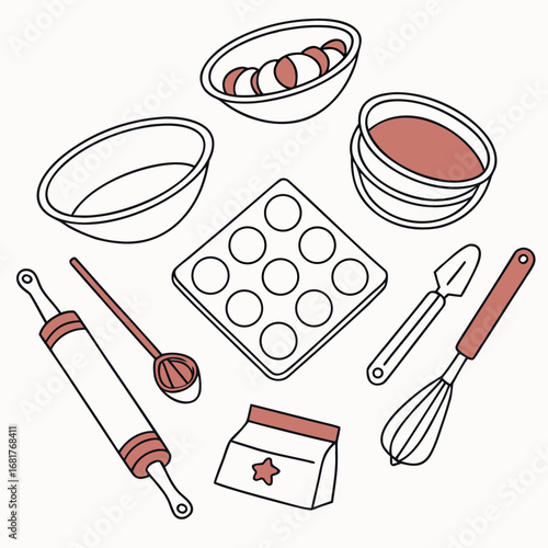 Top-down view of baking tools mixing bowl