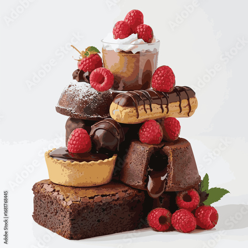  create need kinds of Stack of sweet treats with chocolate and raspberries white background