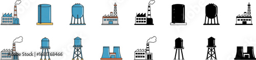 set of Industrial Icon Set. Outline icon set of industrial infrastructure: factory building, smokestack, storage tank, water tower, power
