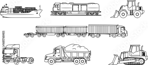 set of Heavy Transport Icons. Outline icon set of heavy transport modes: cargo ship, freight train, semi-truck, flatbed truck, bulldozer
