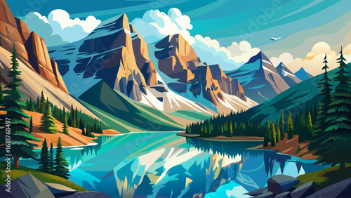 Banff National Park, Canada, frames turquoise mountain lakes, snowy peaks, and rugged cliffs under pastel skies. Layers of natural textures appear; semi-realistic flat vector emphasizing alpine majest