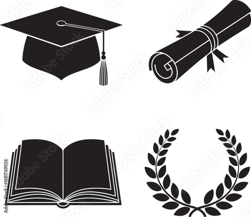 Graduation Achievement Symbols Featuring Mortarboard Diploma Book and Laurel Wreath Isolated on White Background