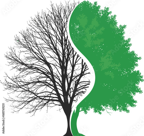 Vector Silhouette of a Leafless Tree Transforming into a Lush, Green Tree - Symbol of Regrowth