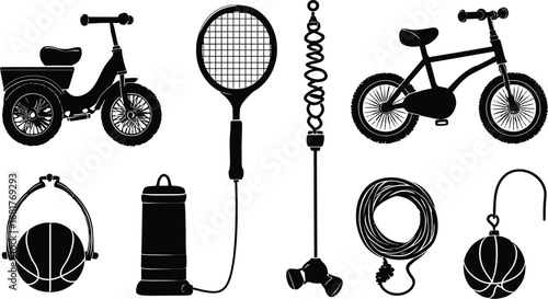 Recreational Equipment Silhouettes – Bikes, Balls, Ropes, and Fitness Gear