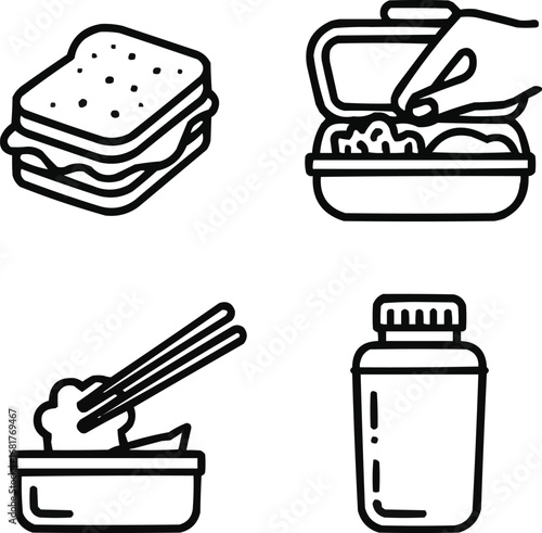Lunchtime Outline Icons  Sandwich, Lunchbox, Chopsticks, Food Container