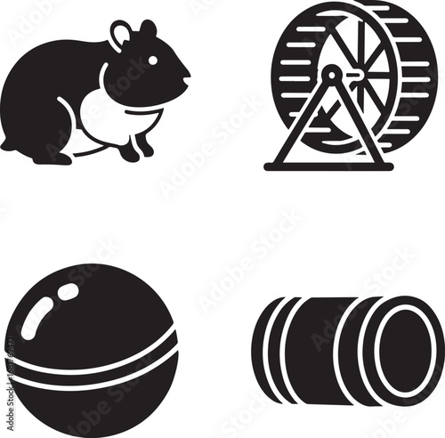 Hamster and its accessories in black and white vector design perfect for pet shop advertisement