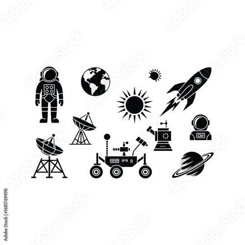Cosmic exploration set featuring astronaut rocket earth sun rover and saturn icon collection