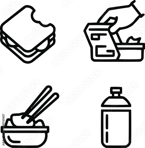 Lunchtime Outline Icons  Sandwich, Lunchbox, Chopsticks, Food Container