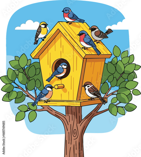  create Vector illustration of birds in a yellow birdhouse on a tree with leaves in a simple outdoor scene. The scene captures cute animals in their home