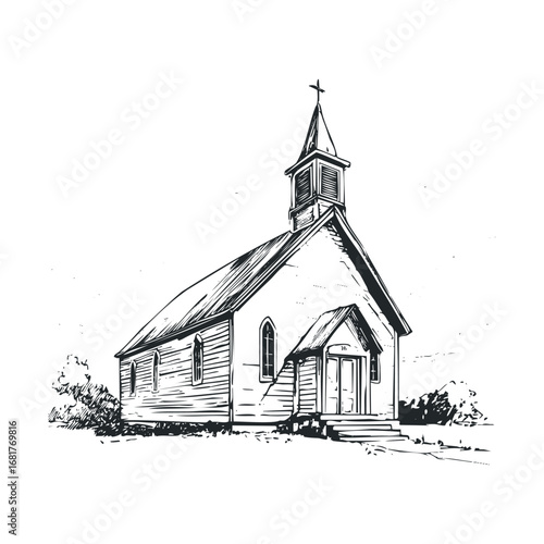 Rustic church building in a serene countryside setting. Vector illustration