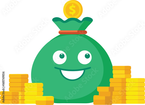Cheerful cartoon green money bag with a smiling face symbolizing wealth finance and prosperity in a playful and inviting design