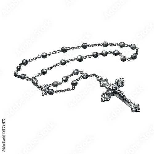 Silver rosary with crucifix for religious devotion and prayer. Vector illustration