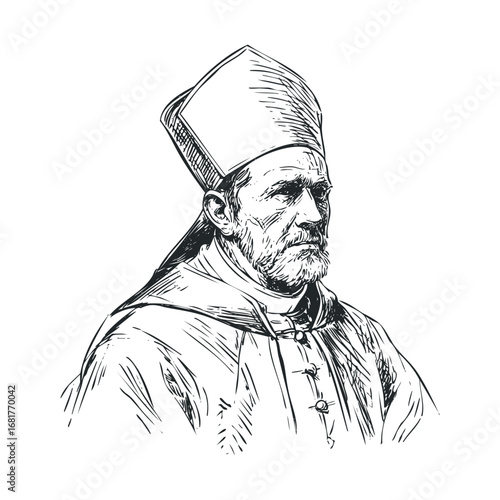 Historical portrait of a religious figure in traditional attire. Vector illustration
