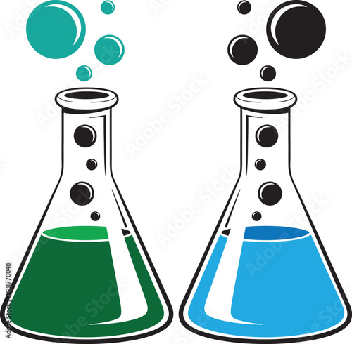 Two laboratory flasks bubbling with green and blue liquids representing chemical reactions