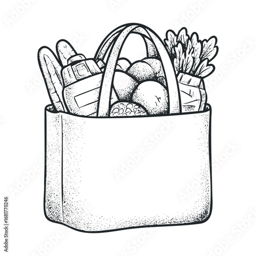 Fresh produce bag filled with healthy fruits and vegetables. Vector illustration