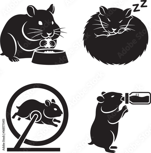 Hamster Lifestyle Illustrations Vector Set Featuring Feeding Drinking Sleeping and Playing Activities