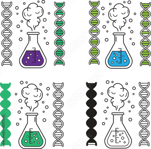 Four science flasks with dna strands visualizing chemical reactions and genetic material vector