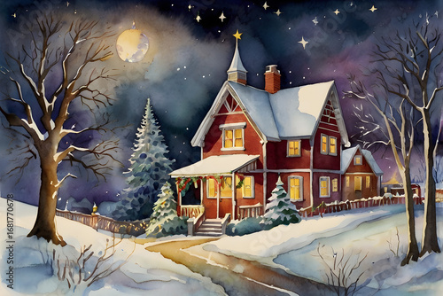 Watercolor painting Christmas and new year postcard with illuminated village, cozy houses, decorated christmas trees, festive, magic new year background, design template, greeting card, copy space.
