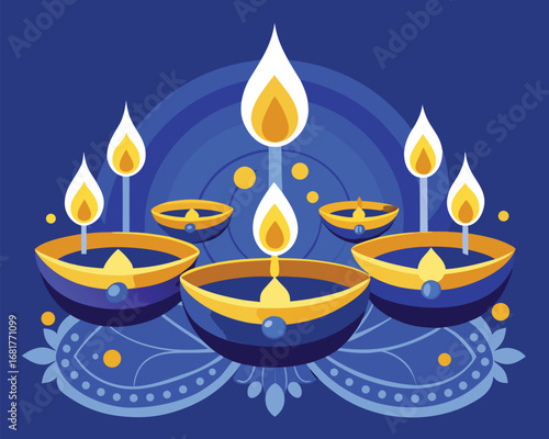 Diwali Celebration with Lit Oil Lamps and Traditional Design Elements
