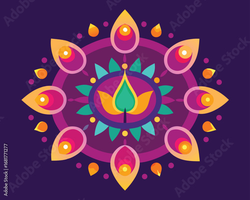 Vibrant Mandala Design with Floral and Geometric Elements on Purple Background