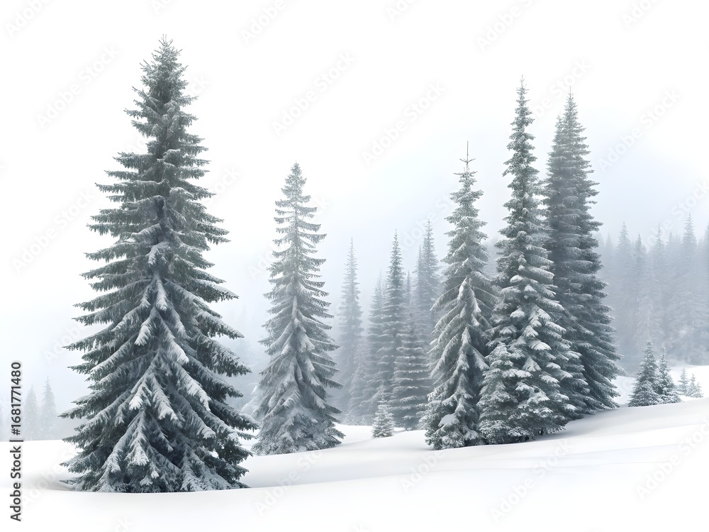 Fototapeta premium Snow covered evergreen trees in a winter forest landscape