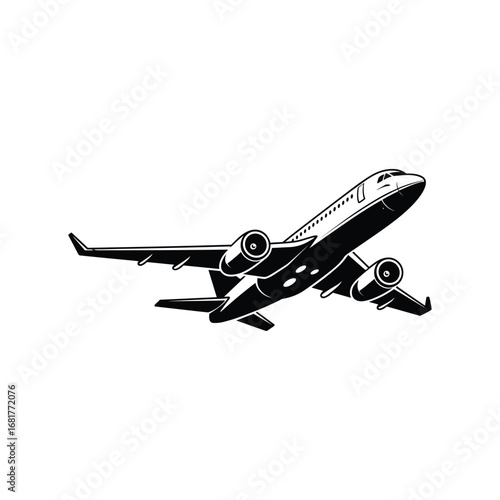 Striking monochrome jet airplane taking off in dynamic flight motion