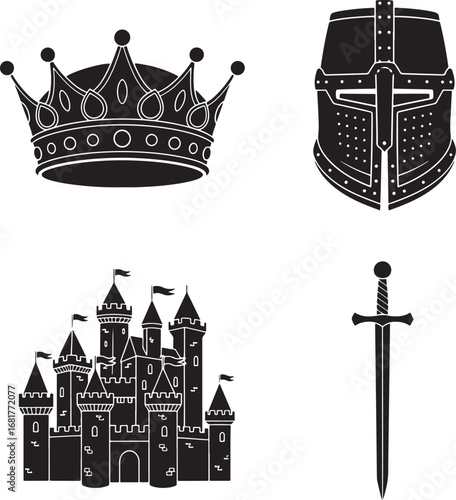 Medieval Kingdom Black and White Silhouettes Featuring Crown Helmet Castle and Sword Vector Illustration