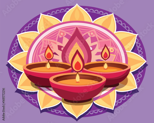 Diwali Festival Illustration with Lit Oil Lamps and Mandala Background Art
