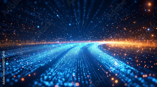 An abstract representation of a vast and glowing data stream flowing through a digital space.

