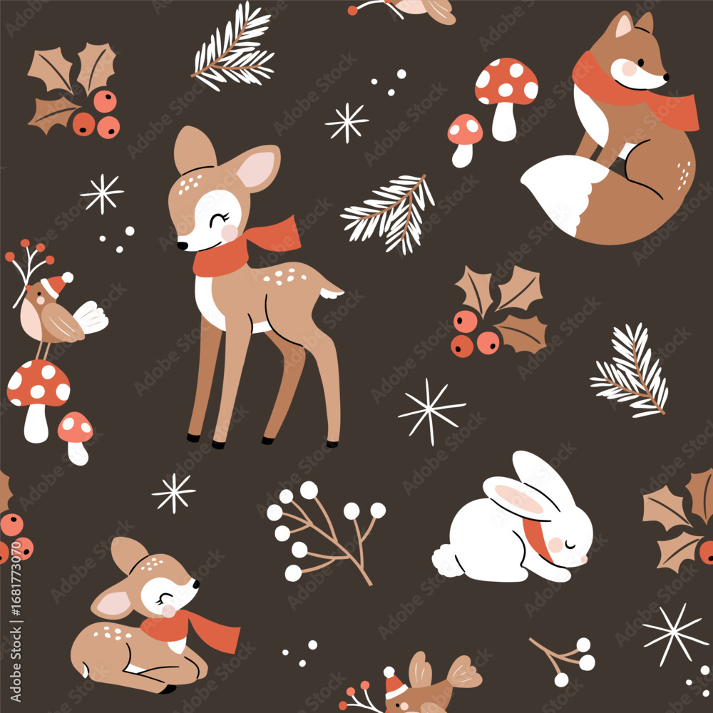 Seamless vector pattern with woodland animals. Hand drawn cute fox, deer, rabbit, fawn and bird with winter flora. Perfect for textile, wallpaper or nursery print design. Seamless vector pattern with woodland animals. Hand drawn cute fox, deer, rabbit, fawn and bird with winter flora. Perfect for textile, wallpaper or nursery print design.