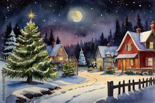 Watercolor painting Christmas and new year postcard with illuminated village, cozy houses, decorated christmas trees, festive, magic new year background, design template, greeting card, copy space.
