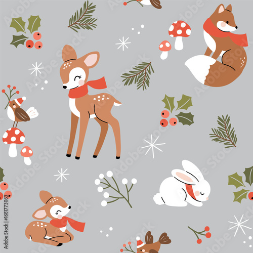 Seamless vector pattern with woodland animals. Hand drawn cute fox, deer, rabbit, fawn and bird with winter flora. Perfect for textile, wallpaper or nursery print design.
