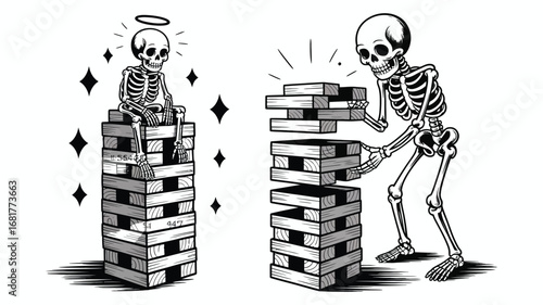 Skeleton Wood Stacking Retro Line Art Vector – Vintage Silhouette Clipart of a Skull Collecting and Stacking Wood, Great for Graphic Tees and Outdoor Themes.